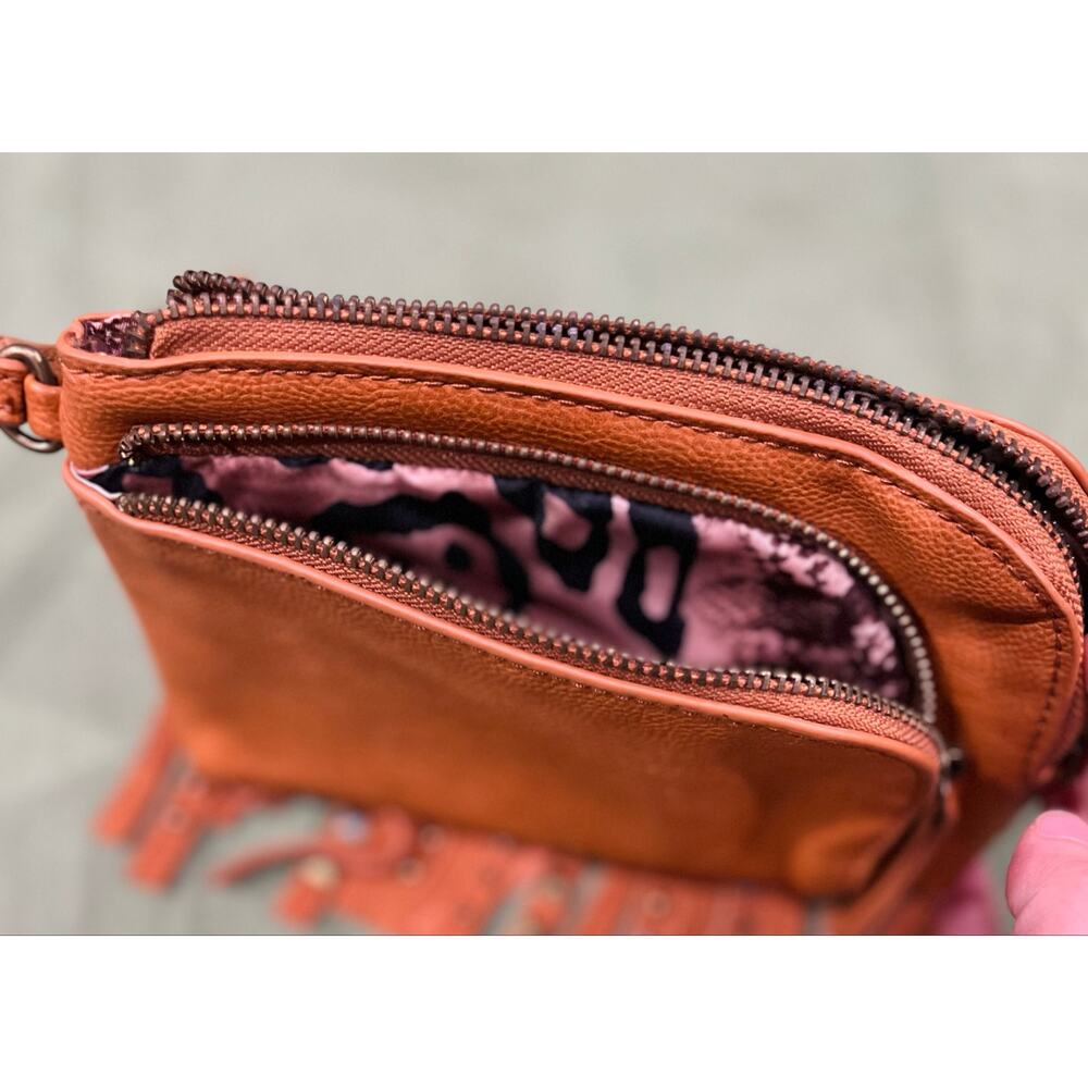 Vintage Sharif Brown/Tan Wristlet Wallet Clutch w/ Suede Fringe Studded Tassels - Picture 5 of 8